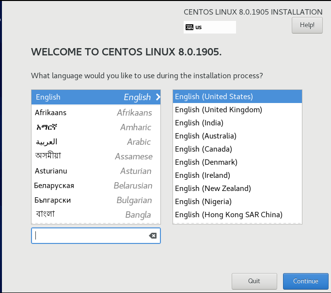 выберите язык для установки centos 8