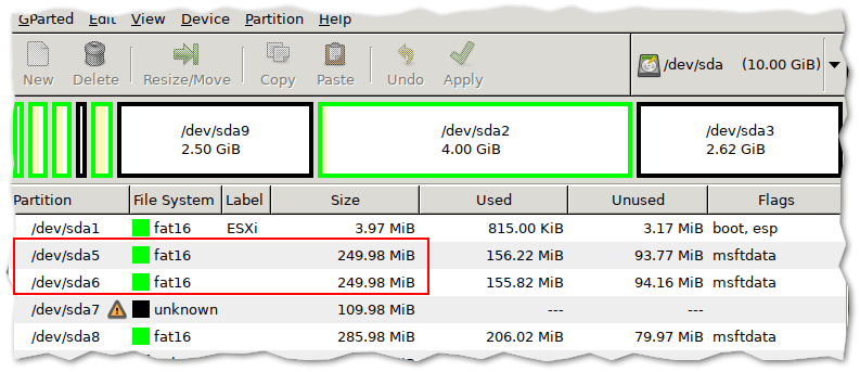 Разделы диска в GParted сервера ESXi для сброса пароля root