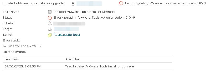 Error upgrading VMware Tools. vix error code = 21009