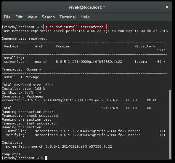 Рис.04: Установка ScreenFetch в Fedora Linux 22 с помощью DNF