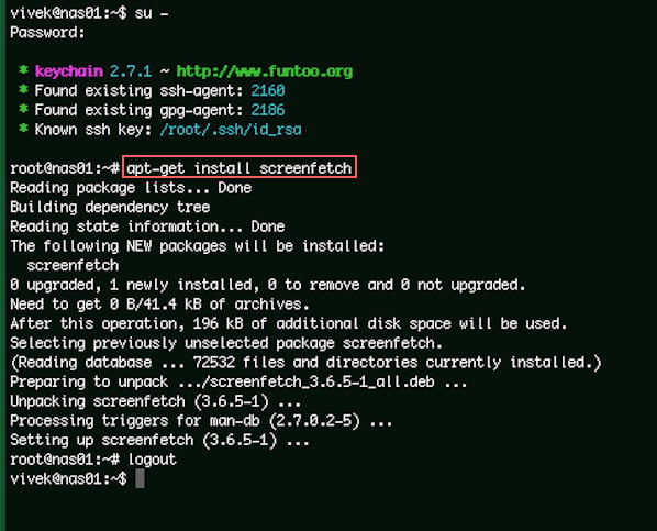 Рис.01: Установка screenfetch с помощью apt-get для отображения логотипа Linux с информацией об оборудовании