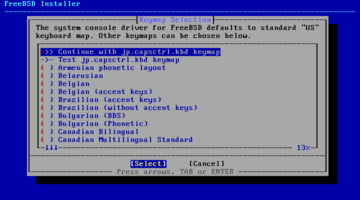 Продолжение установки FreeBSD Подтверждение раскладки клавиатуры